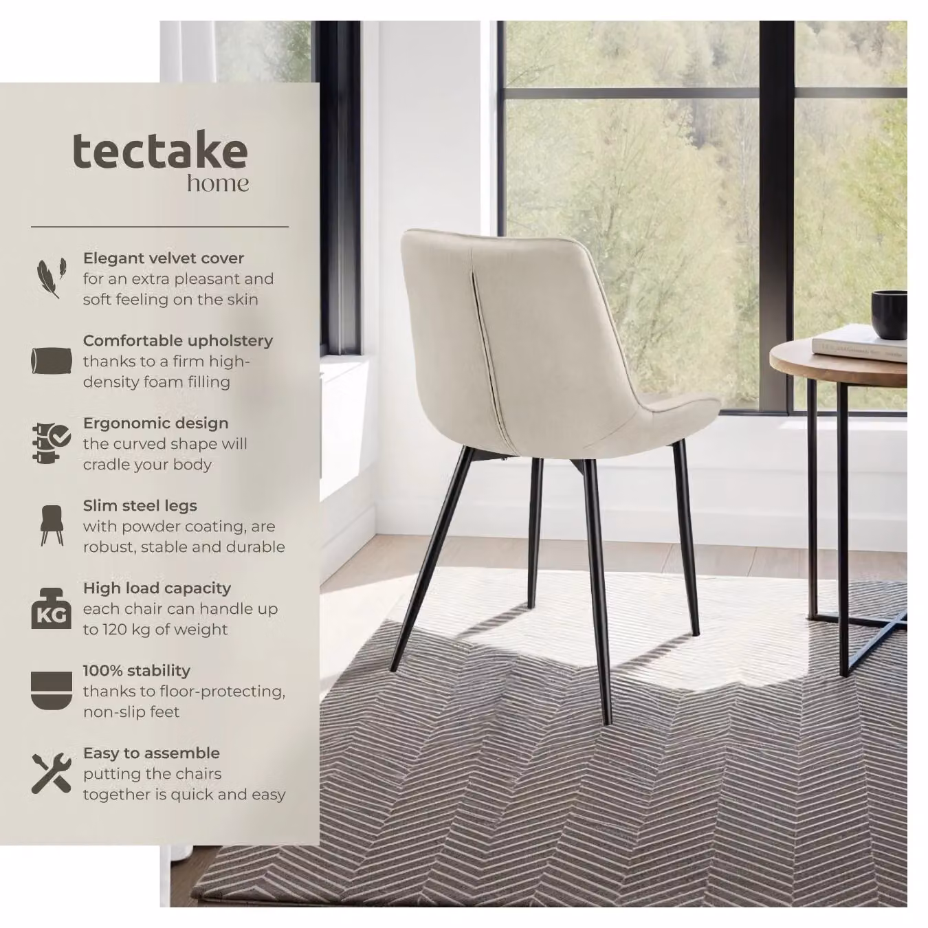 tectake Monroe Dining Chair Set of 2 in Beige Velvet Fabric – 2
