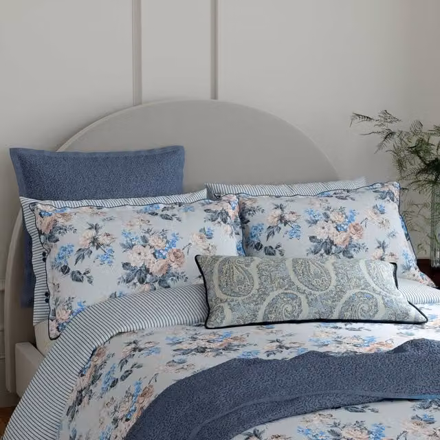 Bedeck of Belfast Delphine Reversible Floral Cotton Percale Double Duvet Cover Set, Blue, W: 140 cm, L: 200 cm