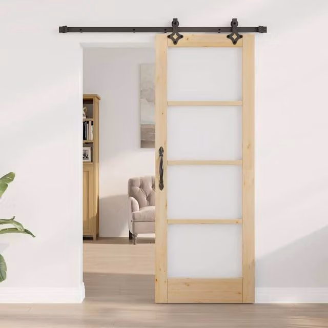 Berkfield Home Sliding Door with Hardware Set in Beige Solid Wood Pine, W: 73.5 cm, H: 198.5 cm