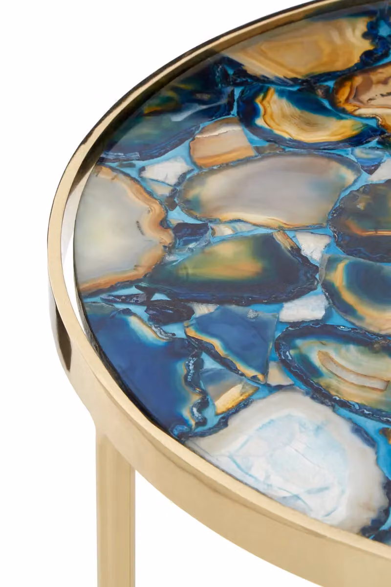 Fifty Five South Orsina Blue Agate Round Side Table with Gold Metal Frame and Natural Stone Top – 2