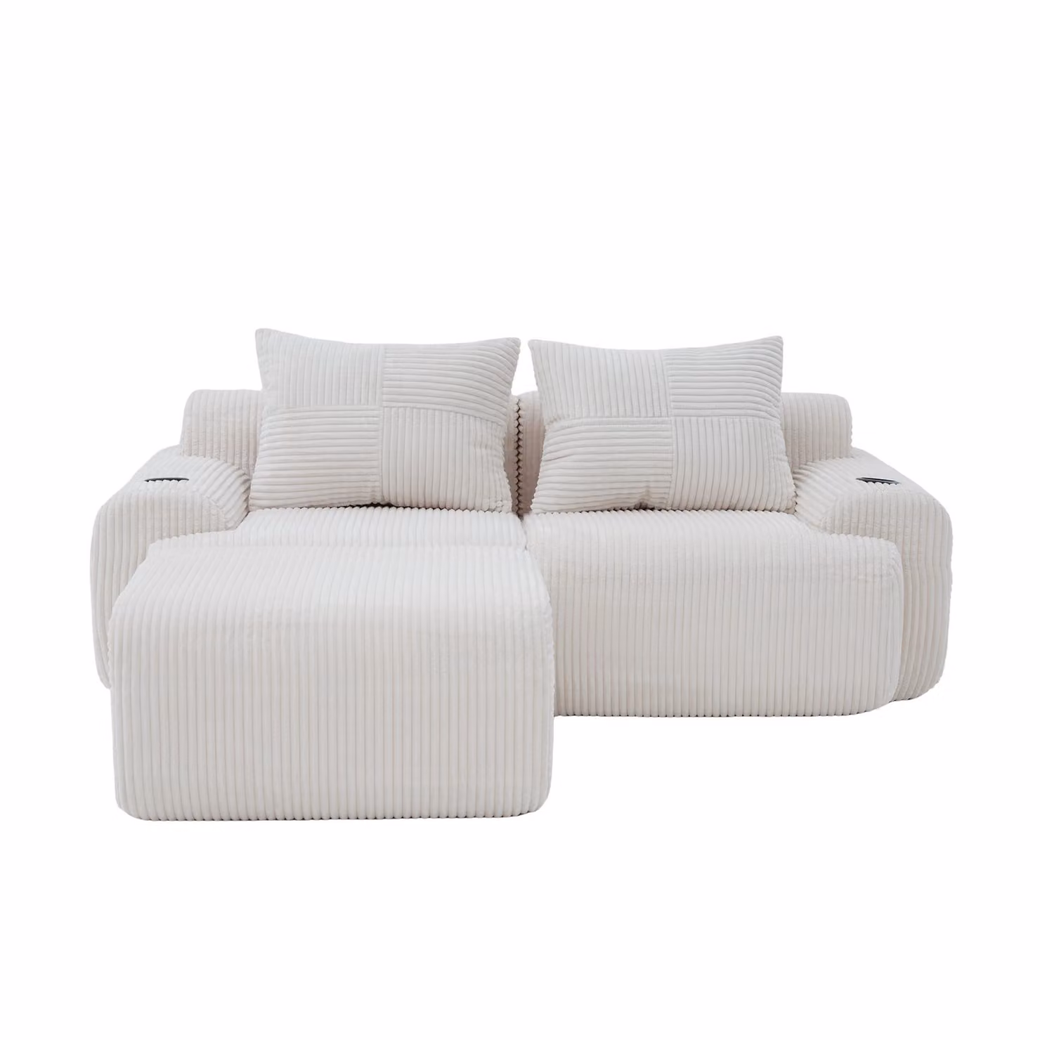 Aosom UK Modular 2-Seater Beige Corduroy Sofa with Foam-Filled Plush Seats, Built-In Cup Holder and Matching Ottoman, W/D/H: 200 x 174 x 80 cm – 2