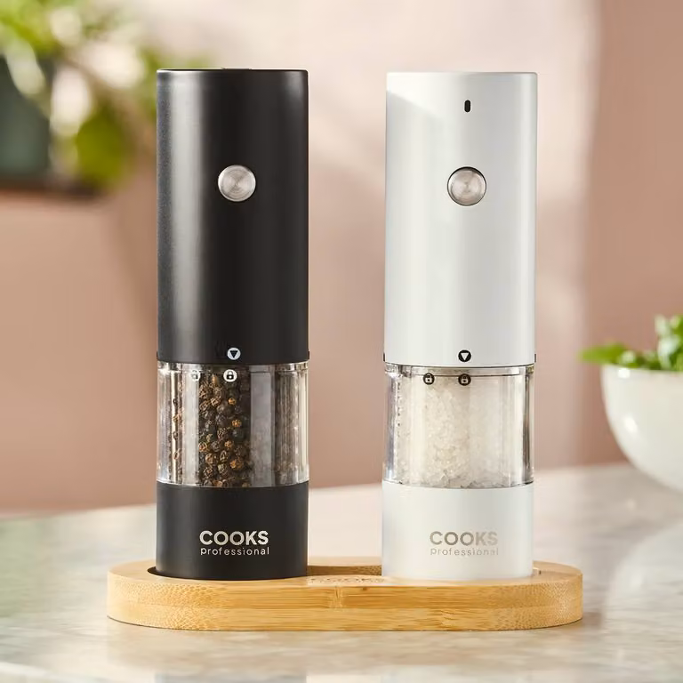 Cooks Professional Rechargeable Stainless Steel Salt and Pepper Mill Set with Bamboo Base in Black and Multicolour