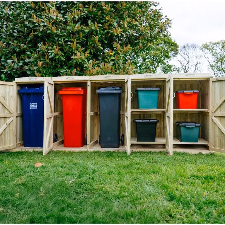 Buttercup Farm Shireburn Bin Store in Brown, Fits 3x 180L/240L Wheelie Bins and 4x Boxes, W/D/H: 330 x 148 x 120 cm