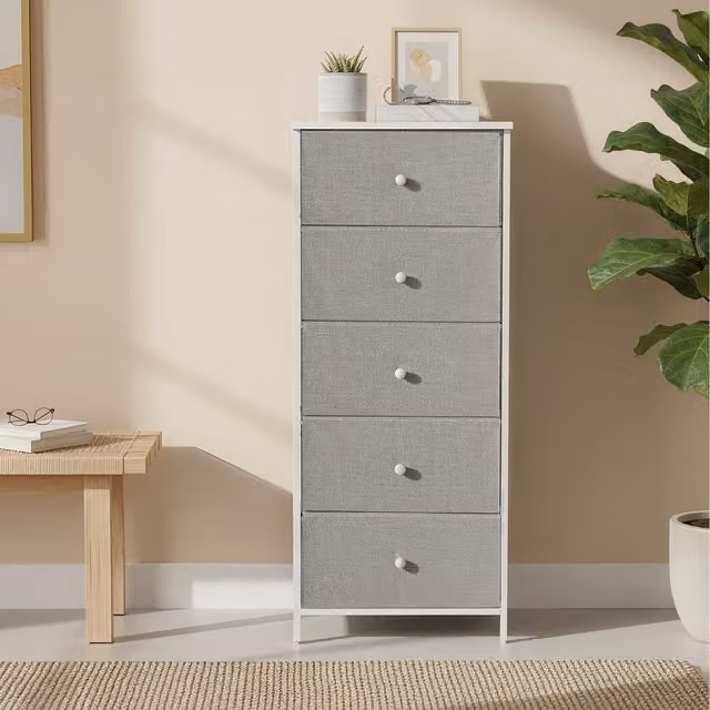 SONGMICS Modern 5-Drawer Fabric Storage Unit in Grey and White