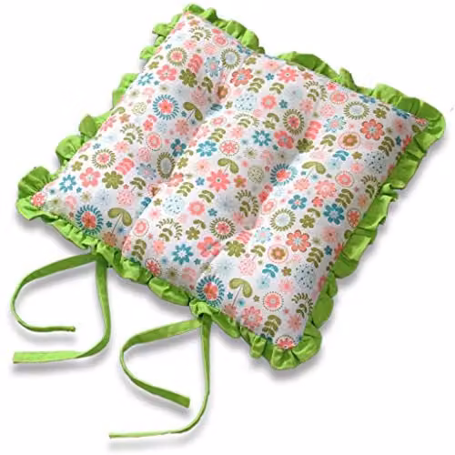 Homescapes Reversible Green and Multicolour Retro Flower Frilled Seat Pad with Ties, W/D/H: 40 x 40 x 40 cm