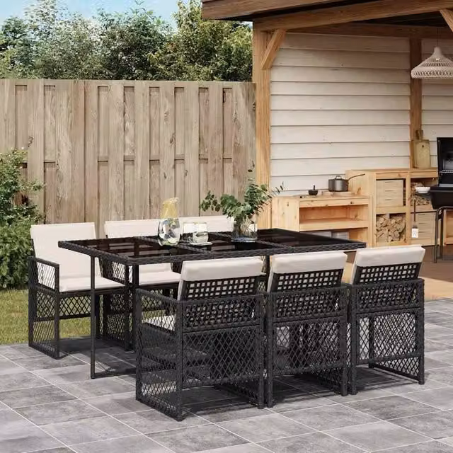 Berkfield Home 7 Piece Garden Dining Set with Cushions in Black Poly Rattan