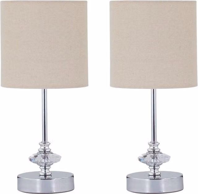 First Choice Lighting Set of 2 Chrome Jewelled Table Lamps with Beige Linen Shades in Silver – 1