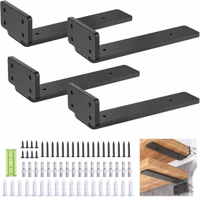 EONLION 4 Pack Steel Floating Shelf Brackets in Black, 15 cm