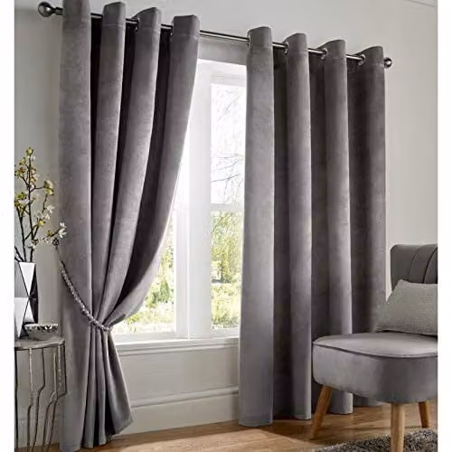 Alan Symonds Silver Velvet Blackout Eyelet Curtains, W: 117 cm, H: 137 cm