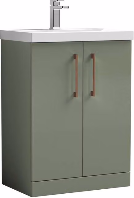 Balterley Contemporary 2-Door Freestanding Floor Vanity and Mid-Edge Basin in Matt Satin Green, W: 60 cm, H: 84 cm