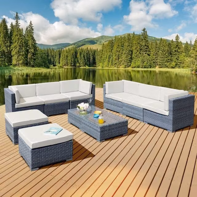 Oseasons Trinidad Deluxe 8 Seat Modular Rattan Sofa Set in Grey and Blue