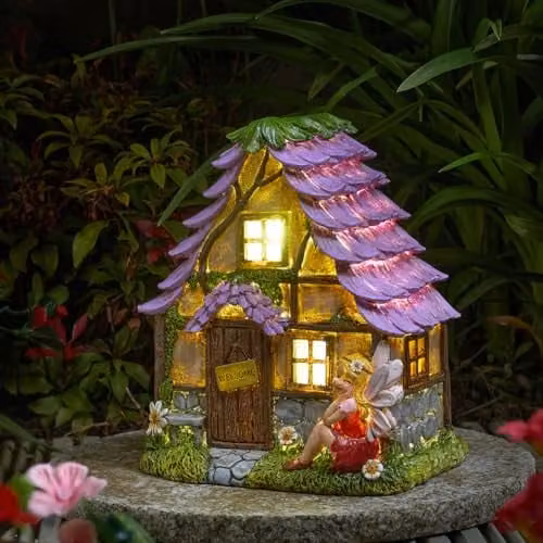 mysmartbuy Solar Powered Flower Lodge Fairy House Multicolour Garden Ornament H21 x W18 x D14 cm