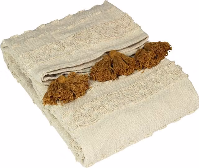 Boho Woven Cotton Tufted Throw with Fringes in Yellow and Beige