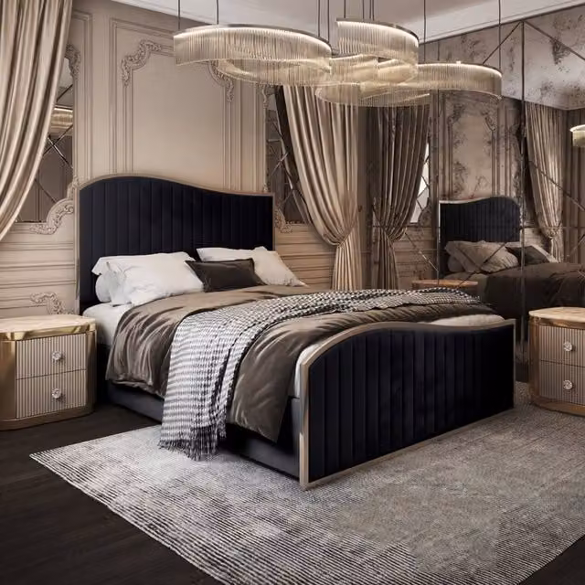 Casani Totternhoe Upholstered Velvet Designer Bed Frame with Black Metal Details, Size: 180 x 200 cm – 1