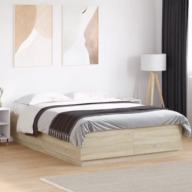Berkfield Home Small Double Bed Frame with LED Lighting and USB Charging Port in Sonoma Oak Brown, W/D/H: 120 x 200 cm