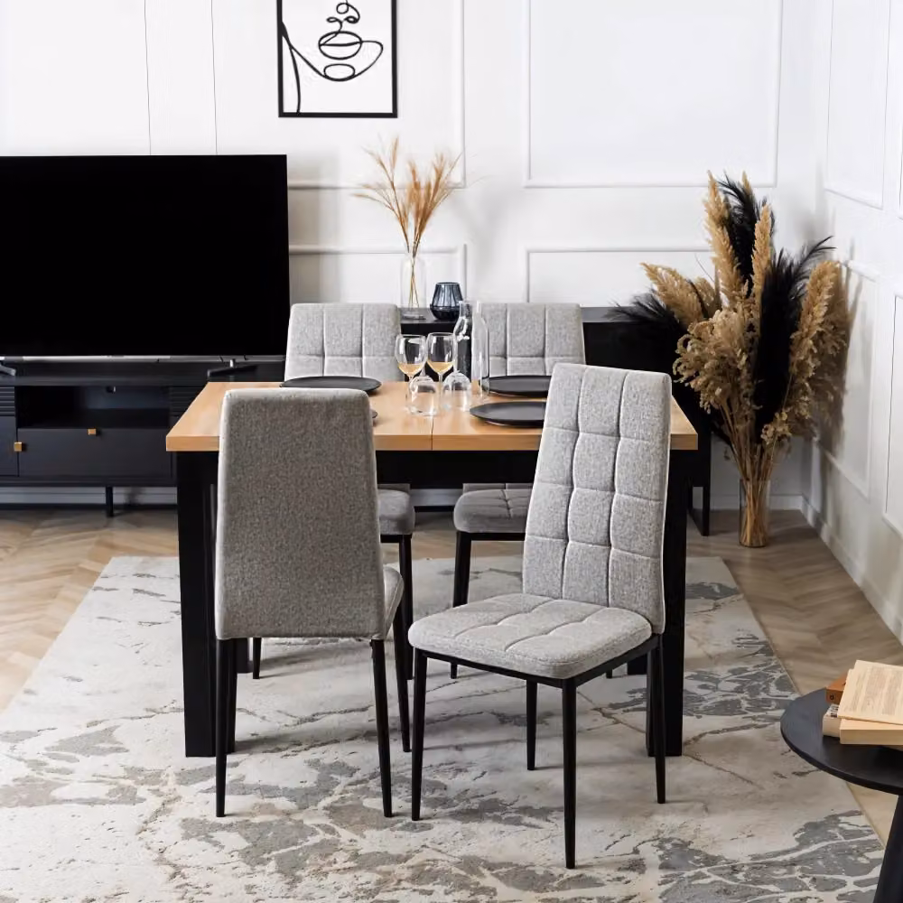 Living and Home Set of 4 Modern Grey Linen Upholstered Dining Chairs with Metal Frames – 2