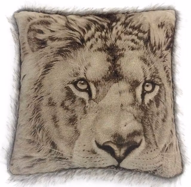 Intimates Lion Animal Cushion Cover with Fur Trim Edge in Beige and Orange