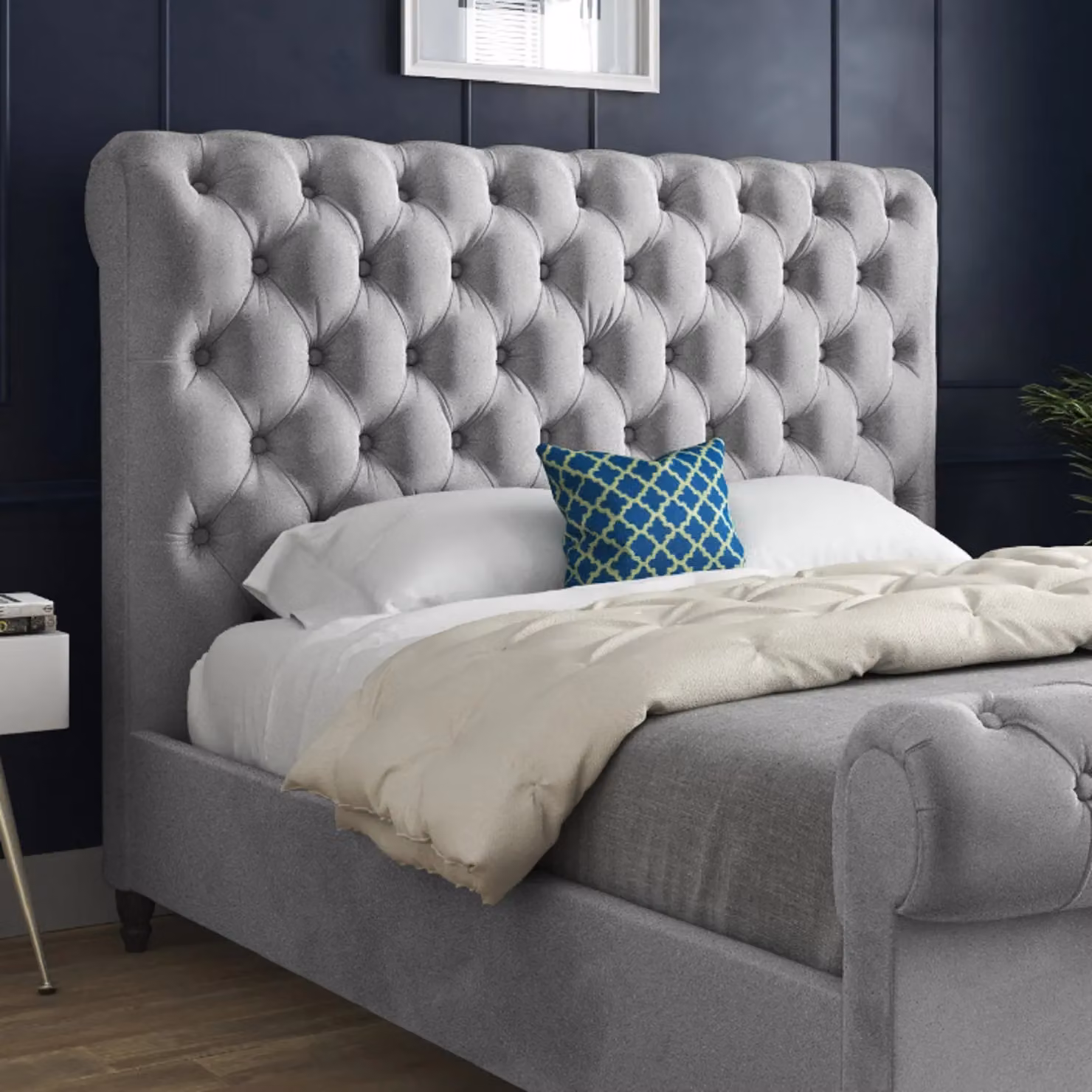 KDMD Sienna Sleigh Upholstered Soft Velvet Bed Frame in Grey, W/D/H: 140 x 200 x 119 cm – 2