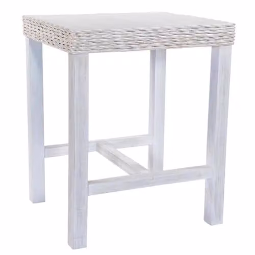 FWStyle Whitewash Kubu Rattan Bar Breakfast Table in White with Pine Wood, W: 100 cm, H: 73 cm, D: 32 cm – 1