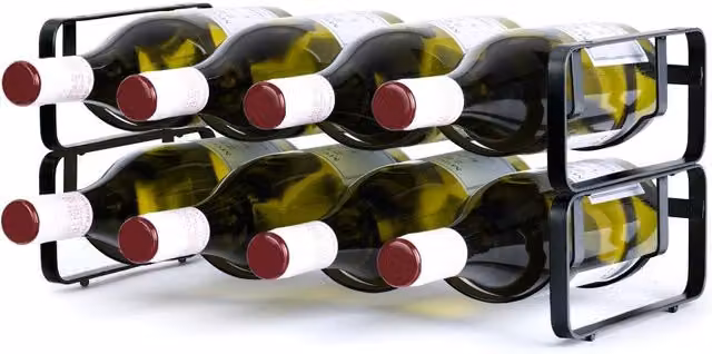 LIVIVO Set of 2 Elegant Stackable Wine Shelf Racks in Black and Silver Metal