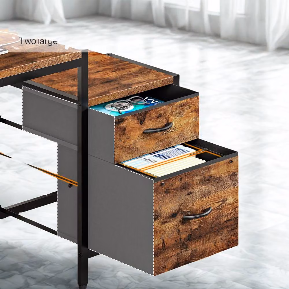 FURNOS Industrial Computer Desk with Drawers, USB Outlets and LED Lights in Brown – 4