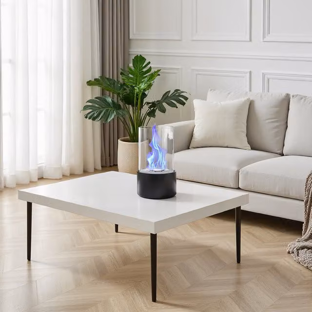 Living Star Round Freestanding Tabletop Ventless Ethanol Fireplace with Glass Screen, Black