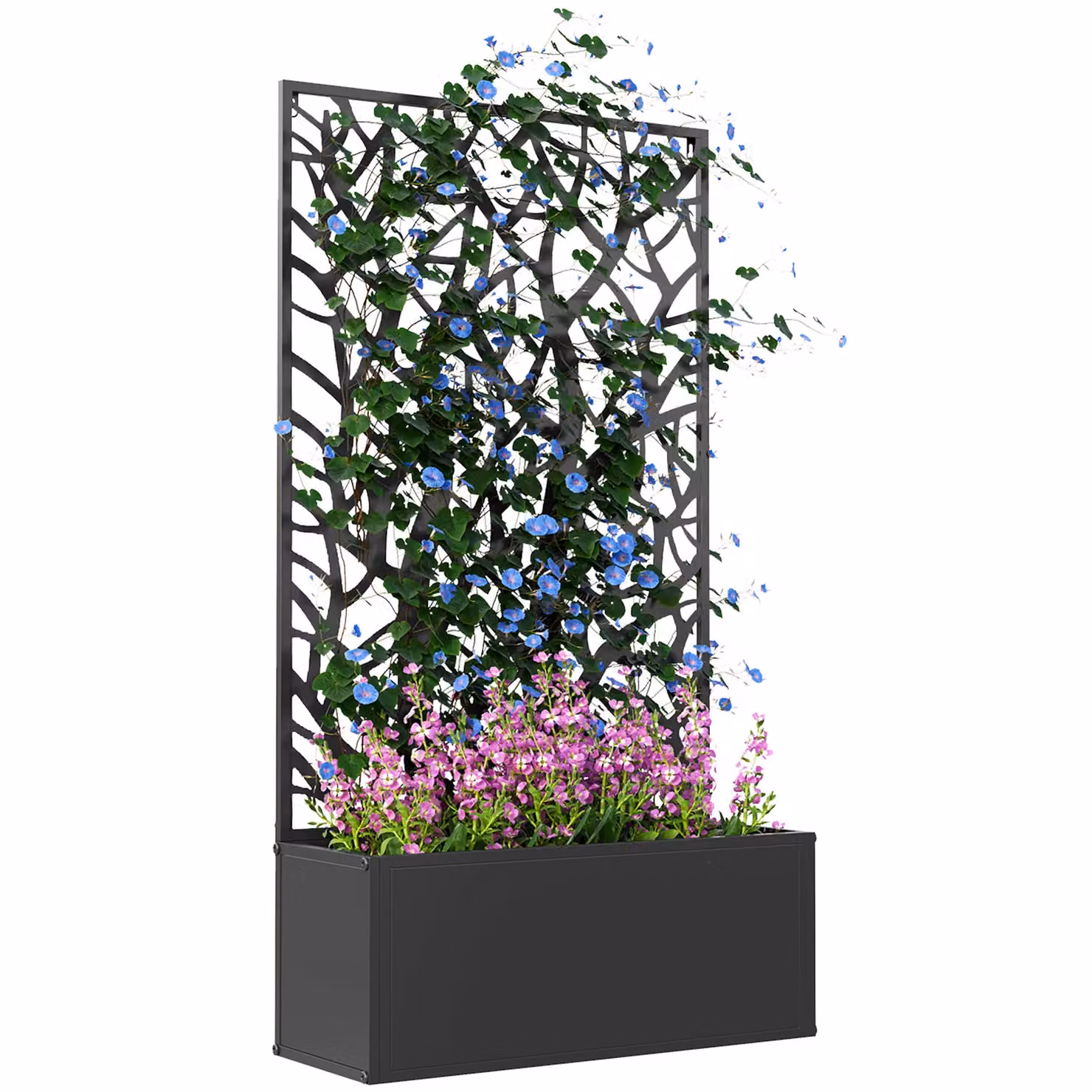 OUTSUNNY Metal Raised Garden Bed with Trellis, Black Outdoor Elevated Planter Box – 2