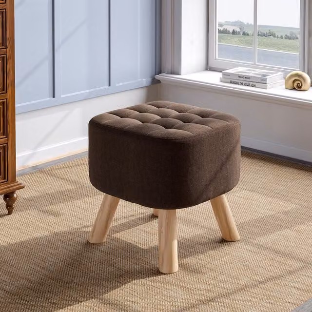 Livingandhome Modern Brown Fabric Cube Footstool with Wooden Frame and Legs