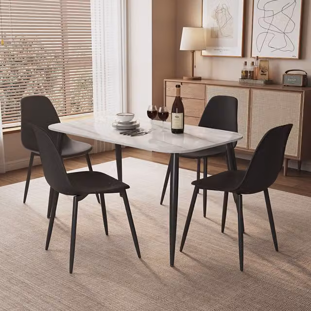Aspen Gloss White Sintered Stone Rectangular Dining Table and 4 Black Curve Chair Set