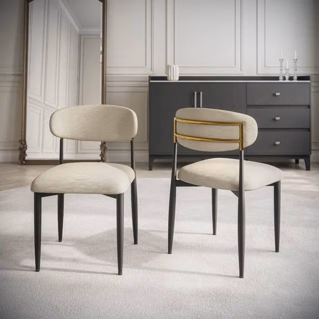 Modish Furnishing Set of 2 Azure Cream Chenille and Gold Metal Dining Chairs