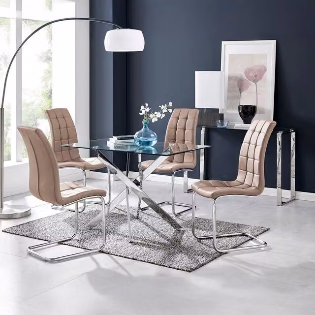 FurnitureboxUK Leonardo Dining Table and Four Murano Chairs Set with Glass Top, Cappuccino