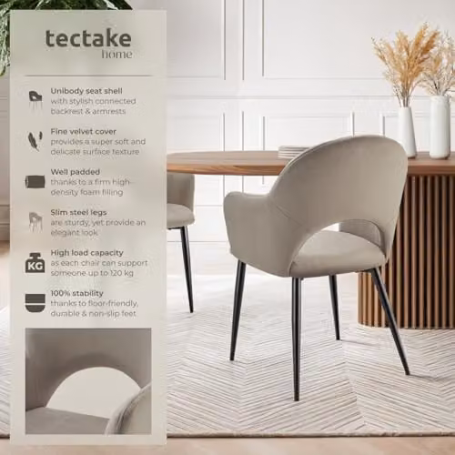 tectake Set of 4 Sasha Dining Chairs in Taupe Velvet Fabric with Metal Legs – 4