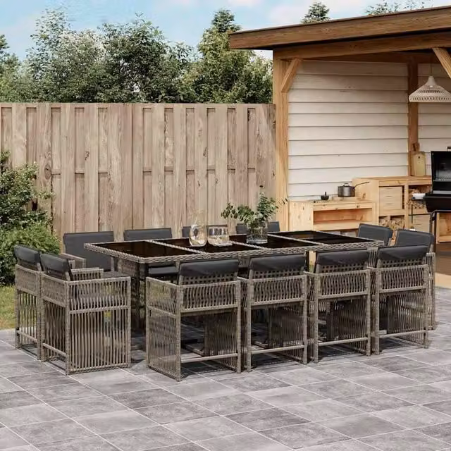 Berkfield Home 13 Piece Grey Poly Rattan Garden Dining Set with Cushions and Glass Tabletop