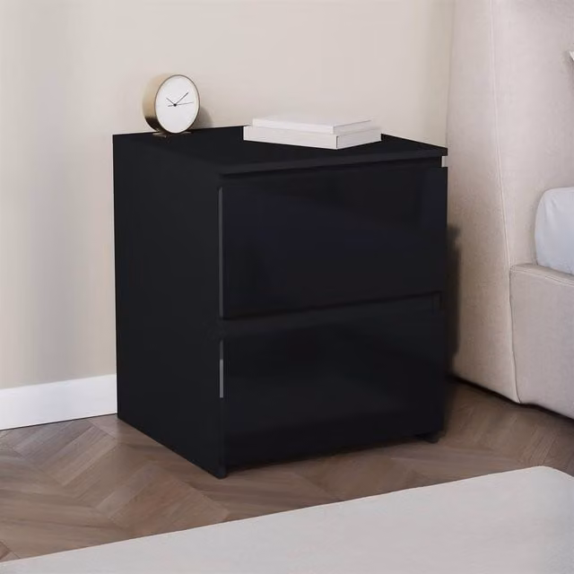 FORGEVIO Modern 2 Drawer Gloss Bedside Chest Storage Cabinet in Black