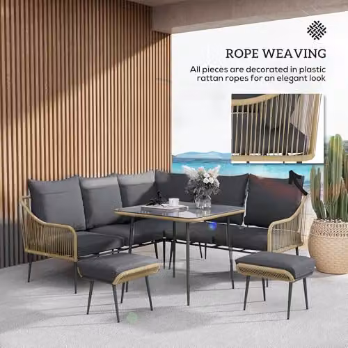 Outsunny 6 Piece L-Shape Rattan Garden Furniture Set with Upholstered Cushions in Brown and Grey – 6