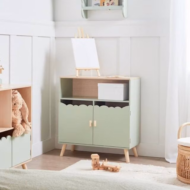 Wyld Haus Light Green Kids Sideboard with Pine Legs and House-Motif Doors