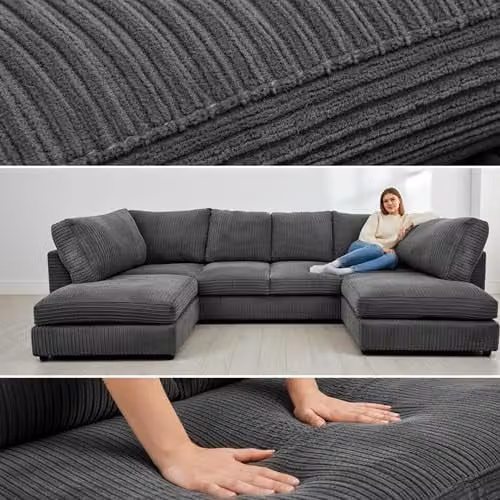 Bliss Furniture Jumbo Cord U-Shaped Sofa in Black, Modern Design with Removable Covers and Solid Wood Frame – 5