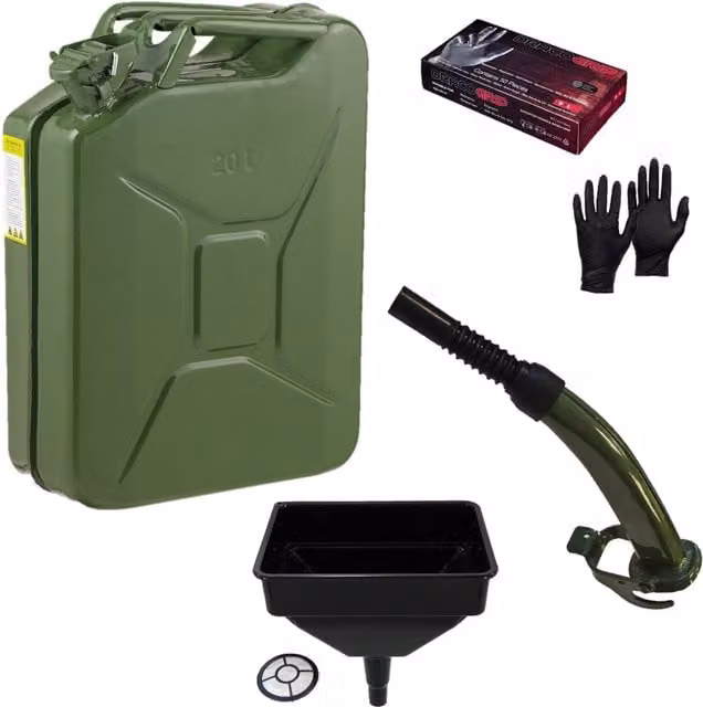 Pegdev 20L Heavy Duty Jerry Can in Dark Green with Metal Spout and Nitrile Gloves