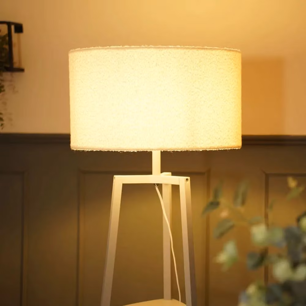 ValueLights Hiru Grey 3 Tier Wooden Shelf Floor Lamp with Beige Boucle Drum Shade – 2