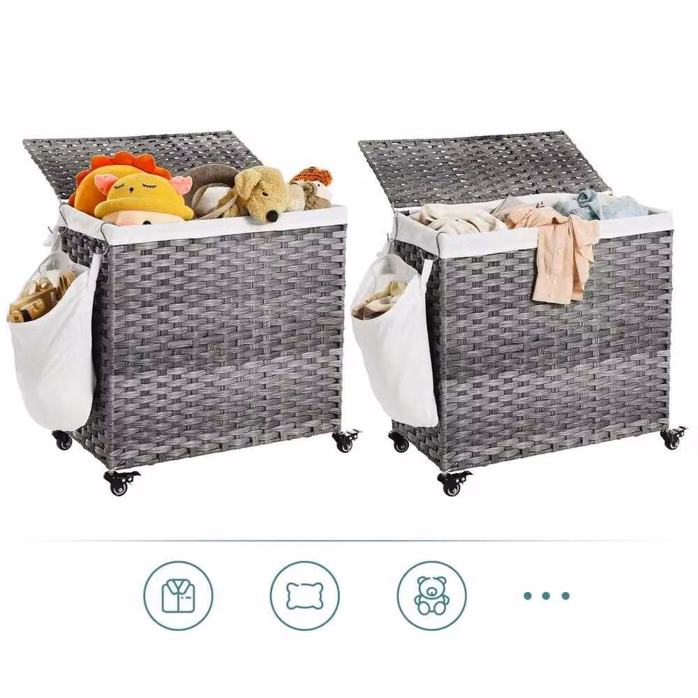 KORVIXA Handwoven Grey Rattan Laundry Hamper with Removable Cotton Bag, Height: 100 cm – 2