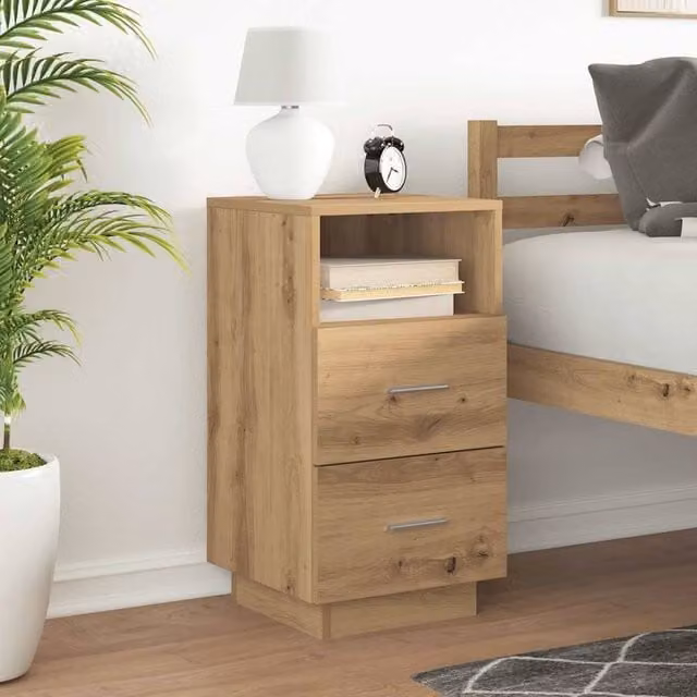 Berkfield Home Artisan Oak Bedside Cabinet with 2 Drawers, Brown, W/D/H: 36 x 36 x 68 cm