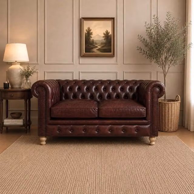 Elm Home And Garden Kensington Red Leather 2 Seater Chesterfield Sofa