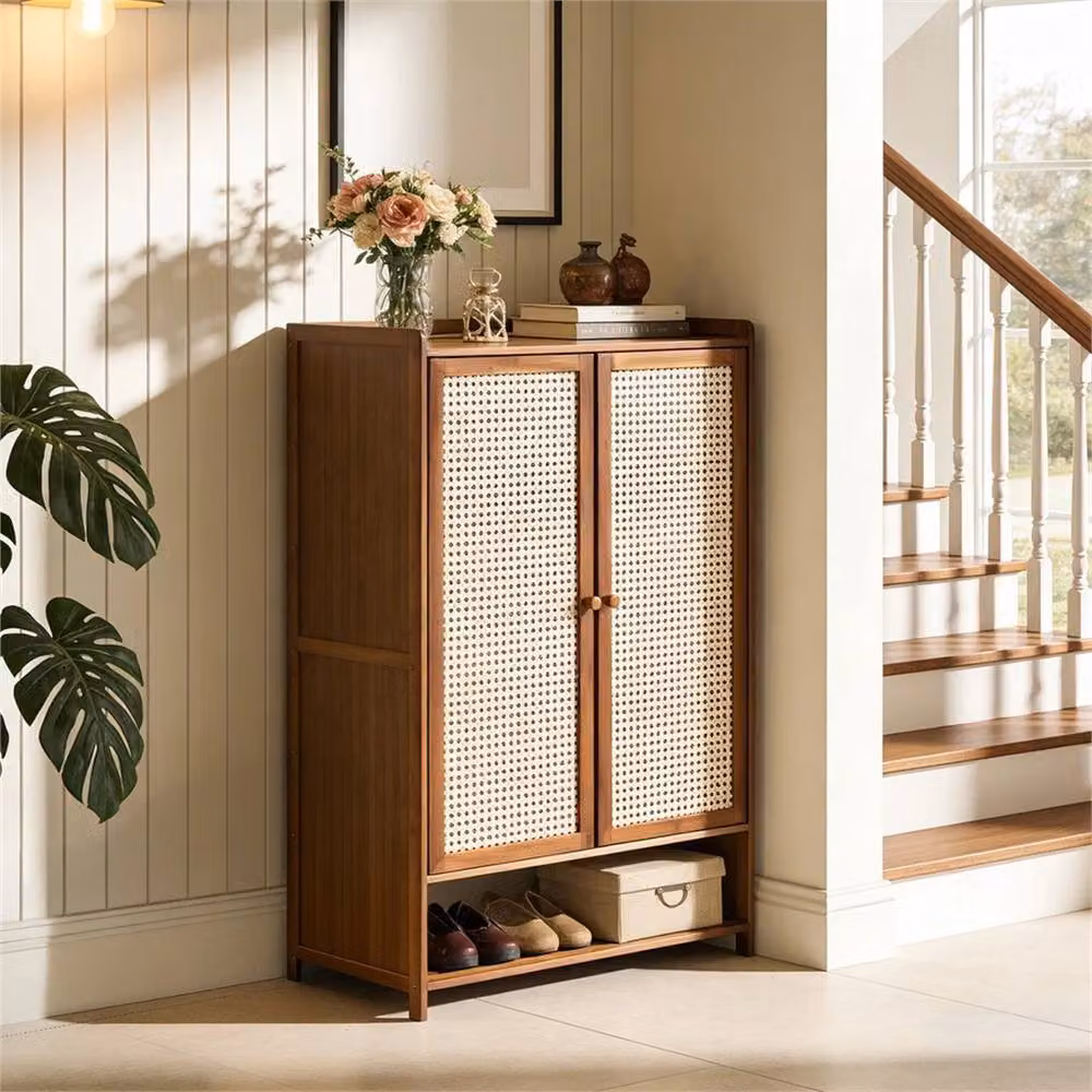 PAWNORA Brown Bamboo Shoe Cabinet with Hinged Doors and Open Shelving – 4