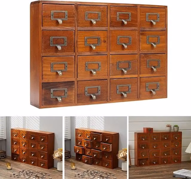 SPETLEK Solid Wood 16 Drawer Storage Cabinet in Brown Oak with Rustic Matt Finish – 1