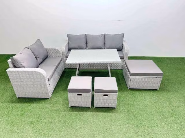 Fimous Modern Rectangular Dining Table and Sofa Set with 3 Stools in Light Grey