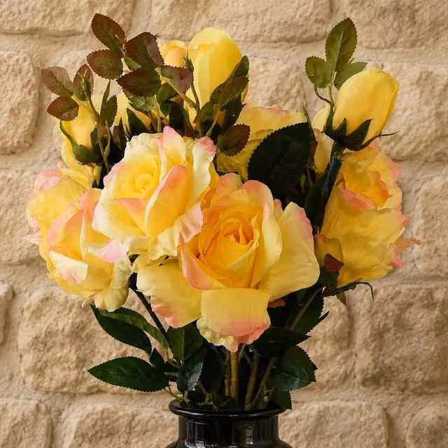Botanik Leaf Pack of 6 Yellow Artificial Rose Stems, 80 cm Height