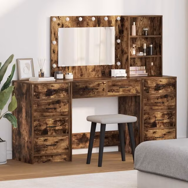 Berkfield Home 3-Piece Modern Hollywood LED Dressing Table Set in Smoked Oak Brown Engineered Wood