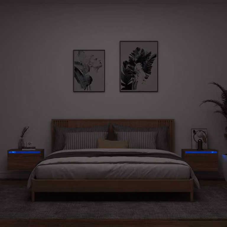 Berkfield Home Set of 2 Wall-mounted Bedside Cabinets with Integrated LED Lights, Brown Oak