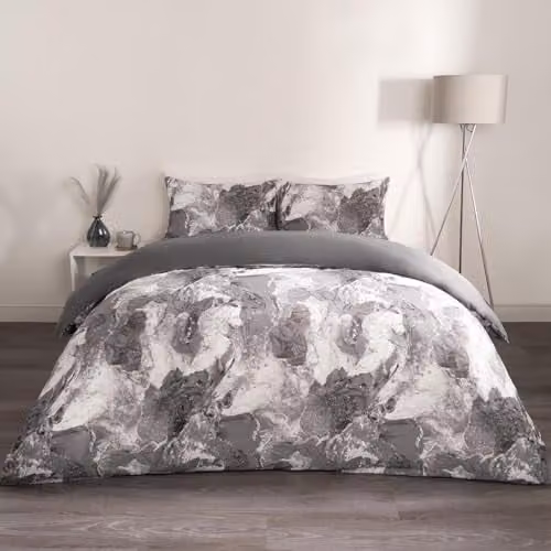 OHS Marble Reversible King Size Duvet Cover Set with Pillowcases in Grey and White – 1