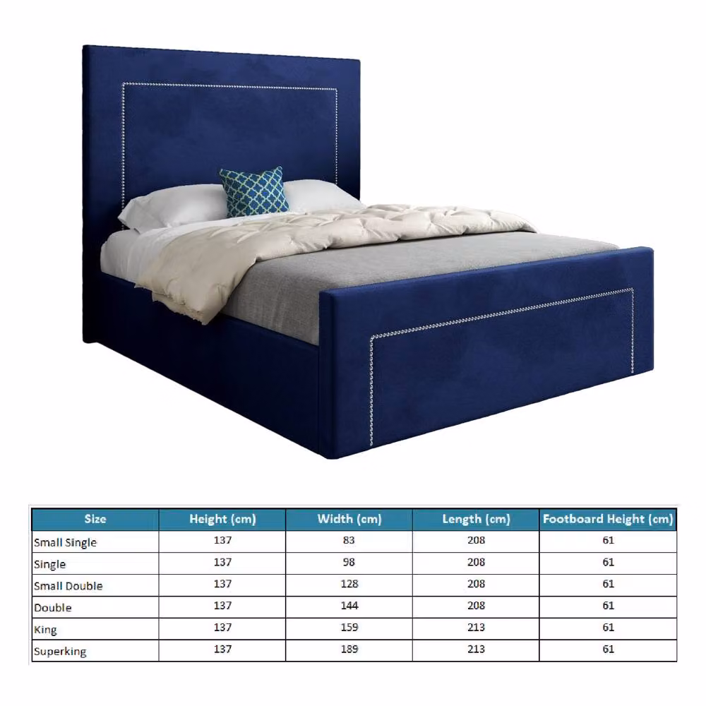 Casani Kensworth Upholstered Blue Velvet Designer Bed Frame W/D/H: 144 x 137 x 200 cm – 6
